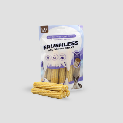 Pack of Brushless Dog Dental Sticks with packaging on a light gray background