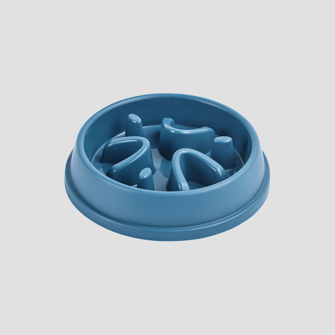 Blue pet feeder with a textured surface on a light gray background