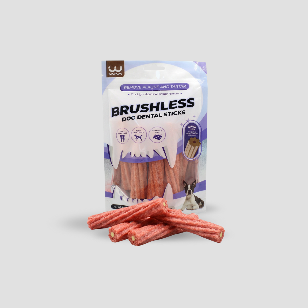 Pack of Brushless Dog Dental Sticks with packaging on a light gray background