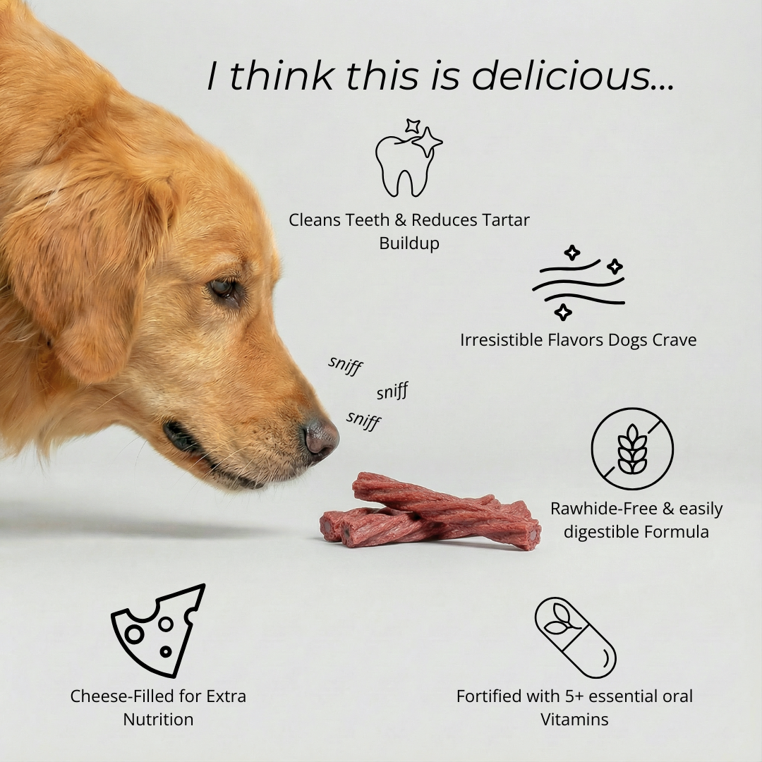Dog looking at a rawhide chew with text highlighting its benefits on a white background