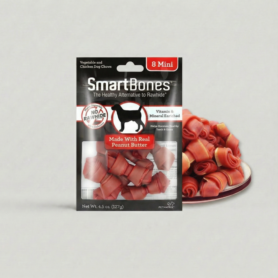 SmartBones dog chews packaging with a plate of chews on a gray background