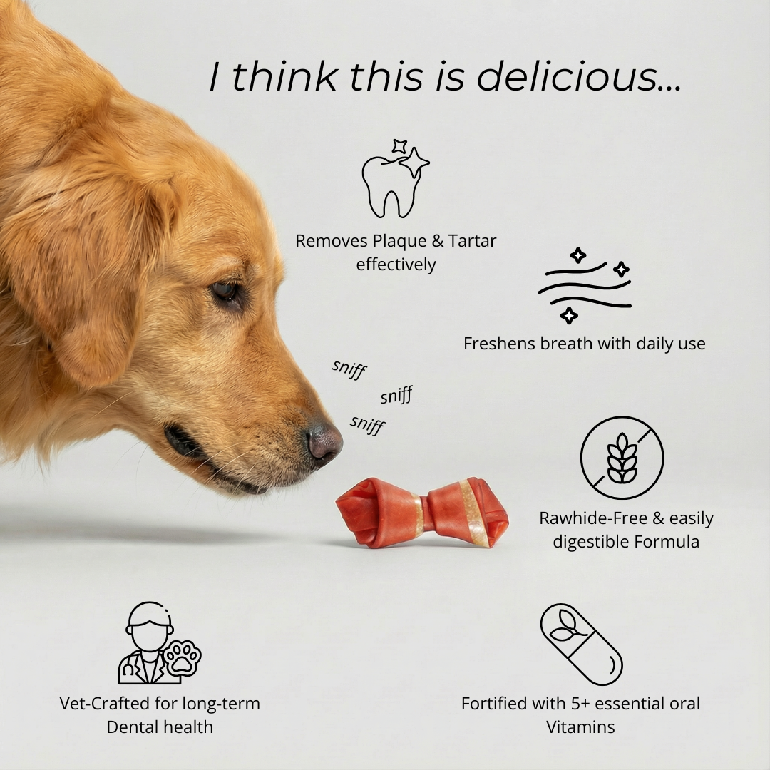 Dog with a chew toy, featuring text about its benefits on a light gray background