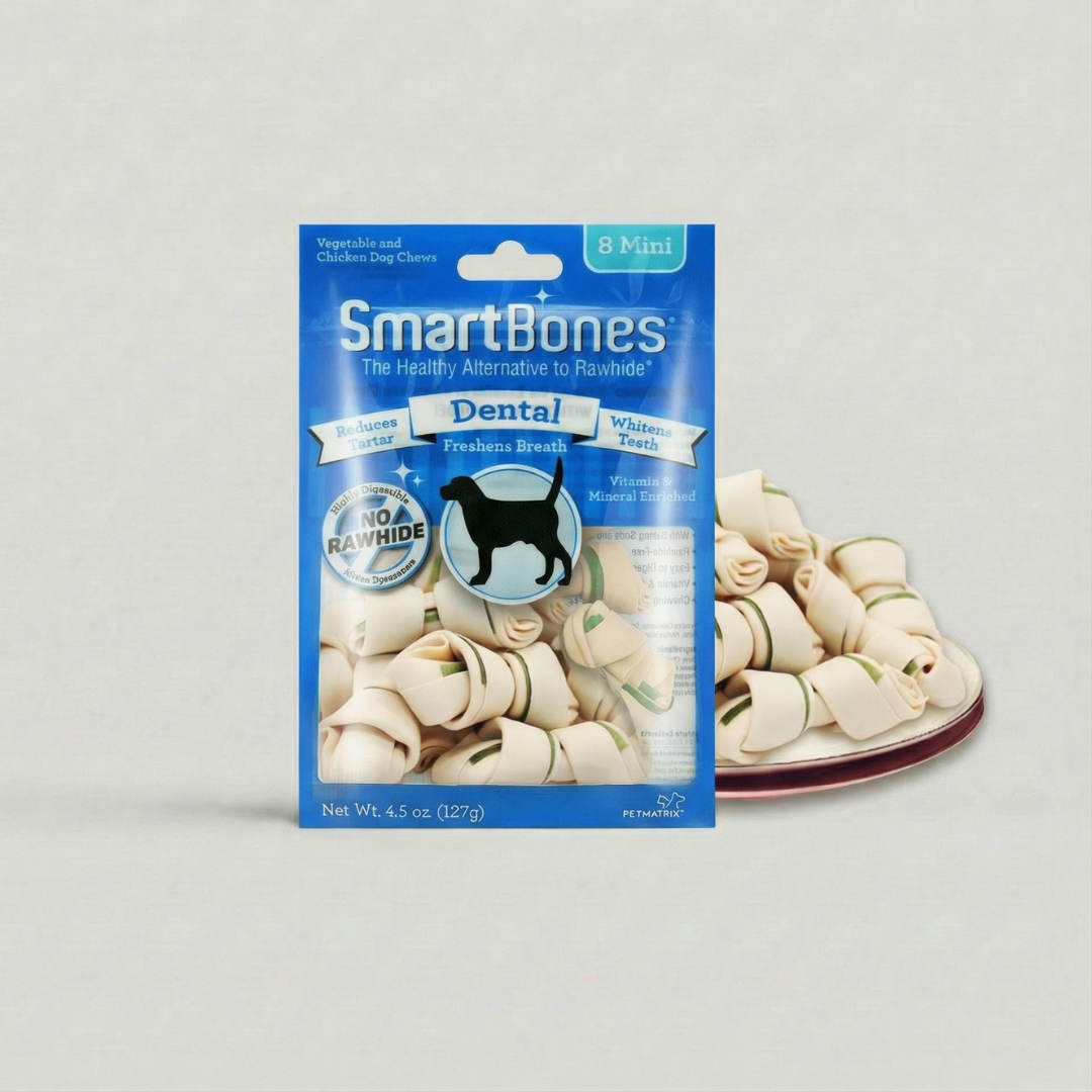 SmartBones dental dog chew packaging on a gray background