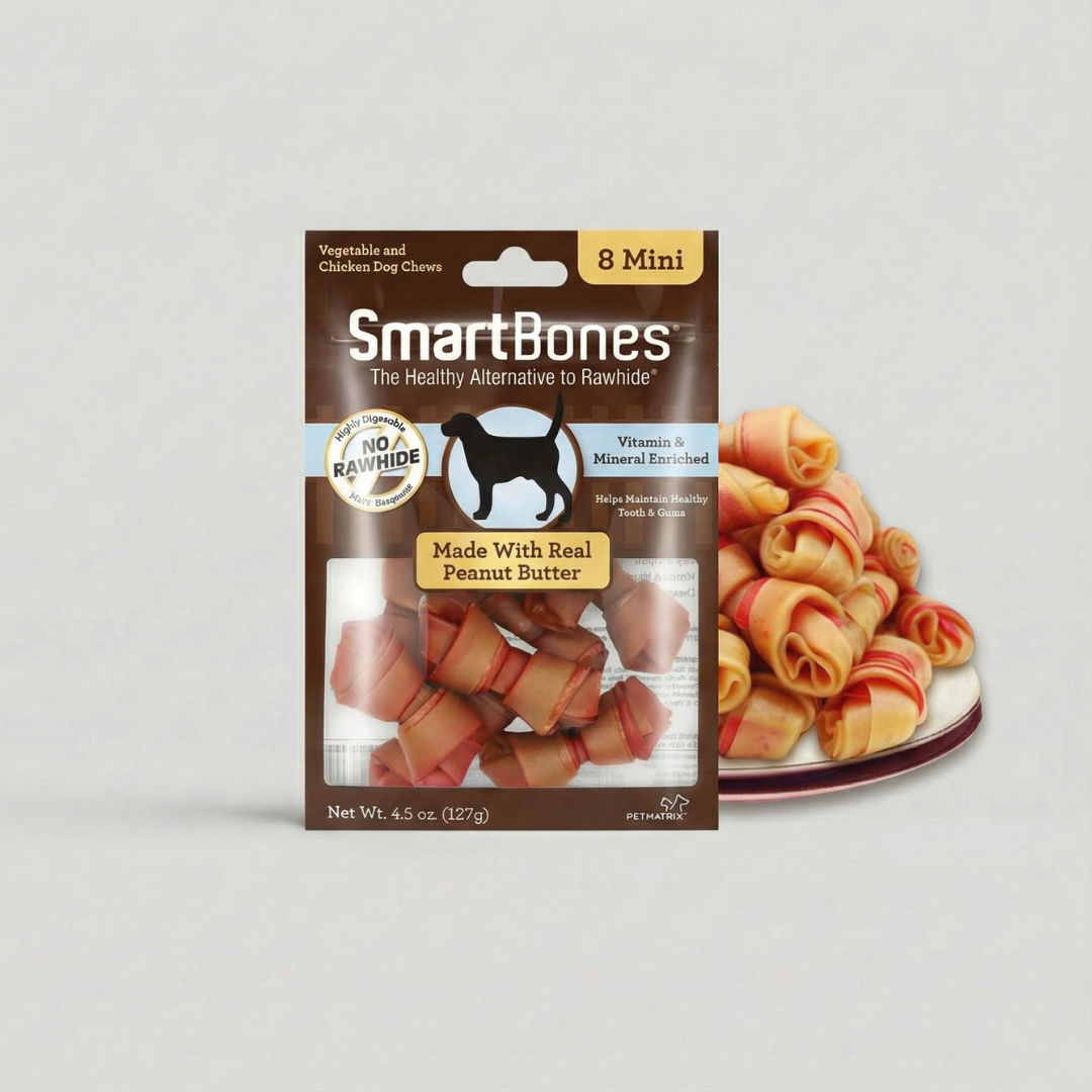 SmartBones mini dog chews packaging on a gray background